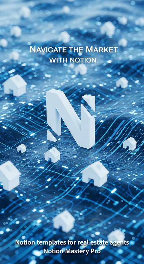 Abstract 3D render of house icons floating in a blue digital ocean with a Notion N Overlay Navigate .jpg