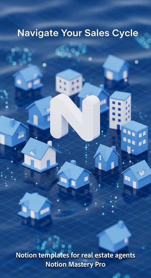 Abstract 3D render of house icons floating in a blue digital ocean with a Notion N Overlay Navigate .jpg