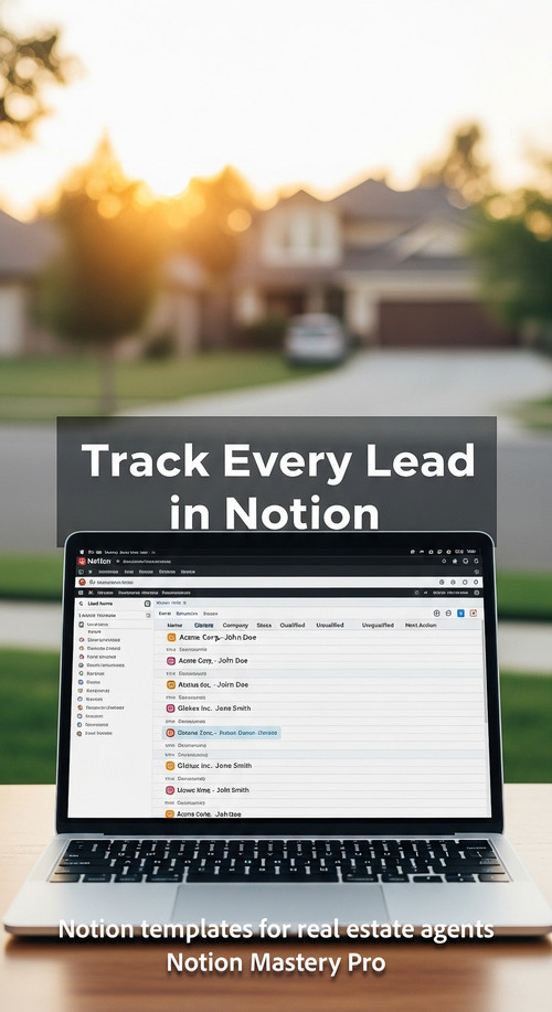 Blurred background of a suburban neighborhood foreground laptop with a Notion lead tracker Overlay T.jpg