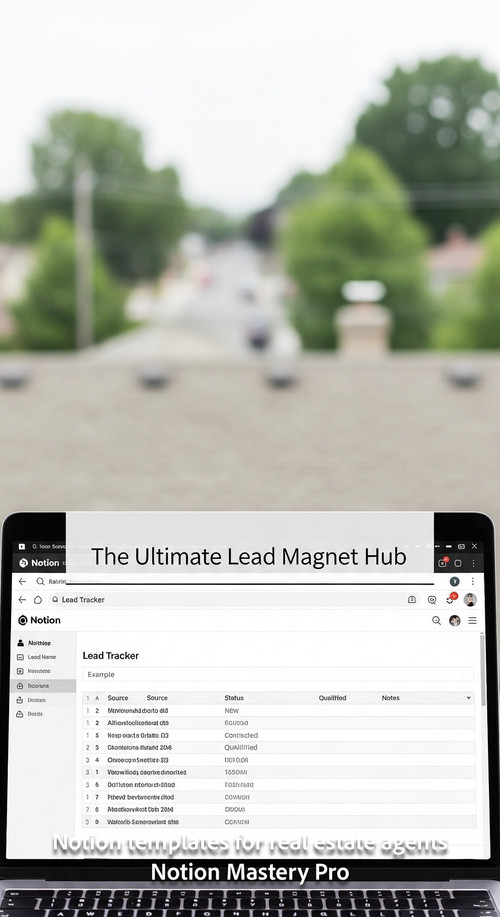 Blurred background of a suburban neighborhood foreground laptop with a Notion lead tracker Overlay T.jpg