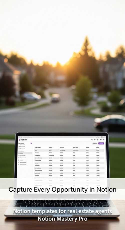 Blurred background of a suburban neighborhood foreground laptop with a Notion lead tracker Overlay C.jpg
