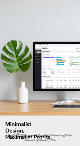 Minimalist desk with a single Monstera leaf and a large monitor showing a Notion real estate CRM Ove.jpg