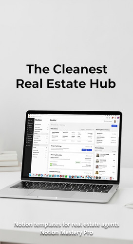 Minimalist desk with a white desk and a laptop showing a Notion realtor dashboard Overlay The Cleane.jpg