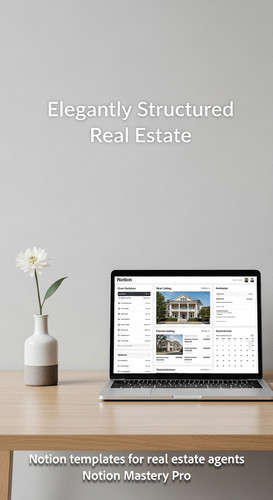 Minimalist desk with a single flower and a laptop showing a Notion realtor dashboard Overlay Elegant.jpg