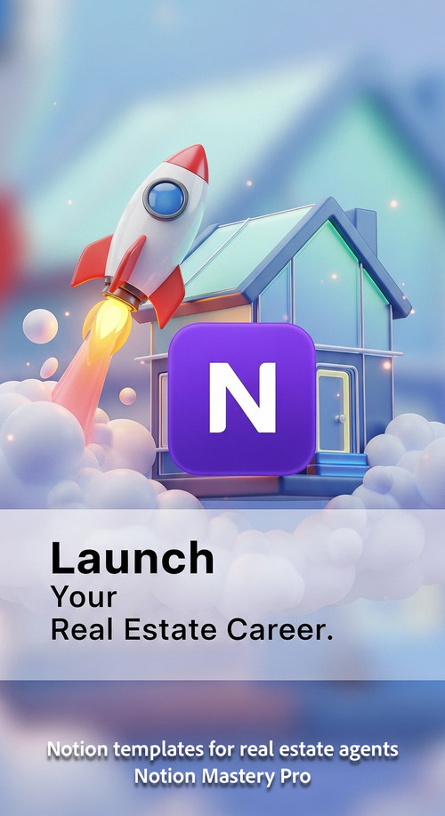 Abstract 3D icon of a house and a rocket with a central Notion logo Overlay Launch Your Real Estate .jpg