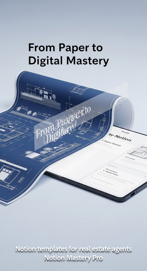 Minimalist 3D render of a blueprint scrolling into a digital Notion screen Overlay From Paper to Dig.jpg