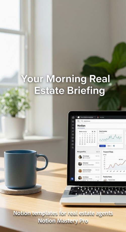 Minimalist desk with a blue coffee mug and a laptop showing a Notion realtor dashboard Overlay Your .jpg