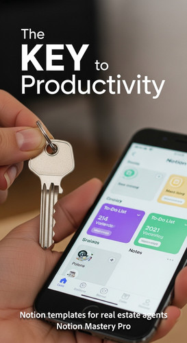 Close up of a hand holding a house key next to a smartphone showing a Notion app Overlay The Key to .jpg