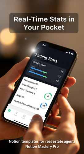 Close up of a hand holding an iPhone with a Notion mobile widget showing Listing Stats for the week .jpg