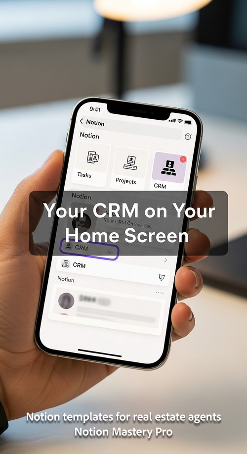 Close up of a hand holding an iPhone with a Notion mobile widget Overlay Your CRM on Your Home Scree.jpg
