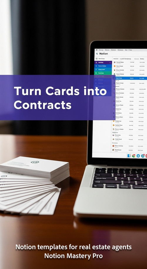 Close up of a stack of business cards next to an open laptop showing a detailed Notion lead database.jpg