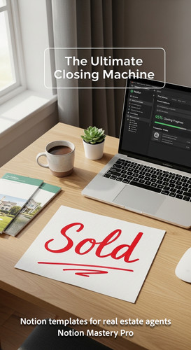 Highangle shot of a clean workspace with a Sold sign and a laptop running a Notion template for real.jpg