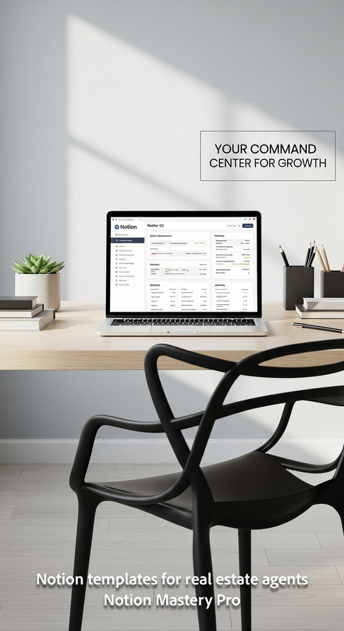 Minimalist desk with a designer chair and a laptop showing a Notion realtor OS Overlay Your Command .jpg
