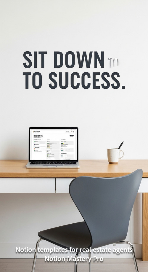 Minimalist desk with a designer chair and a laptop showing a Notion realtor OS Overlay Sit Down to S.jpg