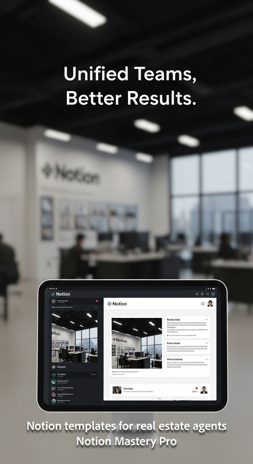 Blurred background of a real estate office foreground screen with a Notion team hub Overlay Unified .jpg