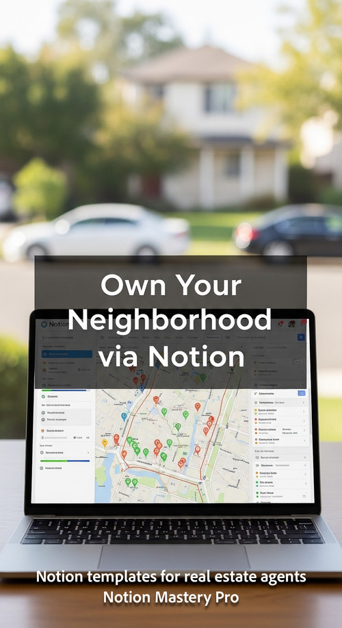 Blurred background of a suburban neighborhood foreground laptop with a Notion lead map Overlay Own Y.jpg