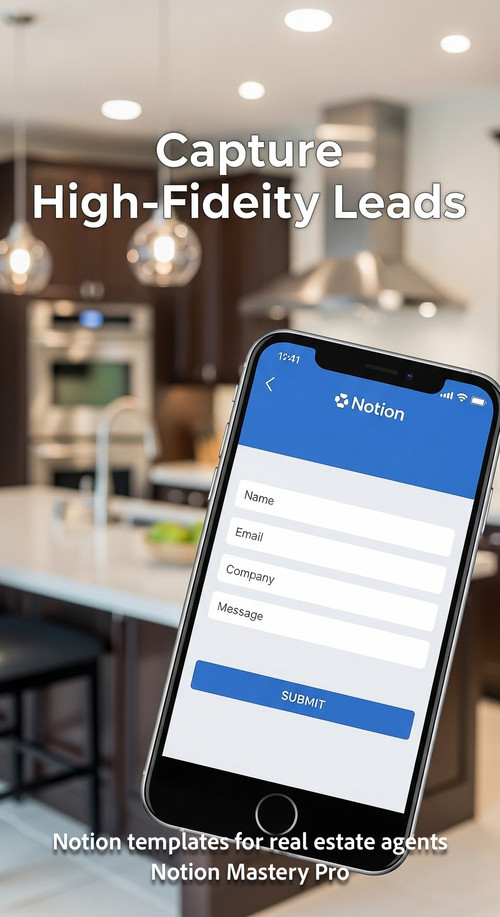Blurred luxury kitchen background foreground smartphone showing a Notion lead form Overlay Capture H.jpg