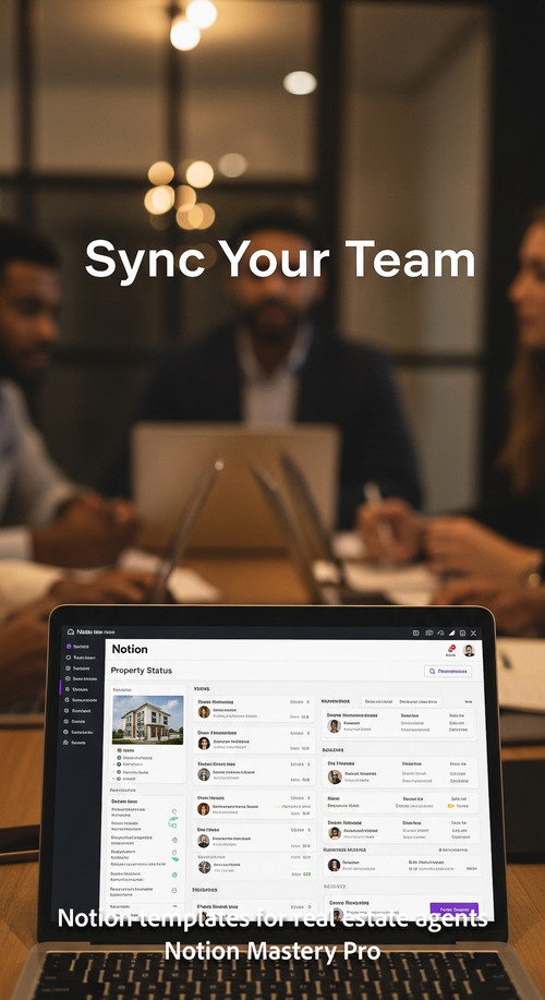 Blurred view of a real estate team meeting foreground laptop displaying a Notion property status boa.jpg