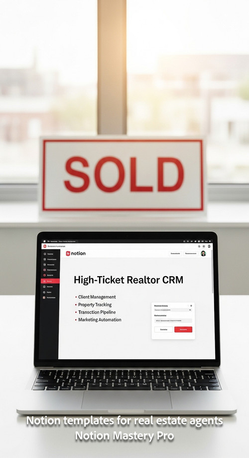 Clean desk with a Sold sign in the background out of focus foreground laptop showing Notion Overlay .jpg