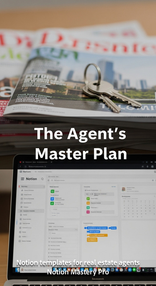 Blurred closeup of a stack of real estate magazines and keys foreground laptop running Notion Overla.jpg