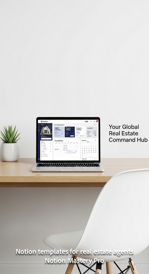 Minimalist desk with a designer chair and a laptop showing a Notion realtor OS Overlay Your Global R.jpg