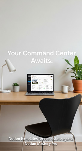 Minimalist desk with a designer chair and a laptop showing a Notion realtor OS Overlay Your Command .jpg