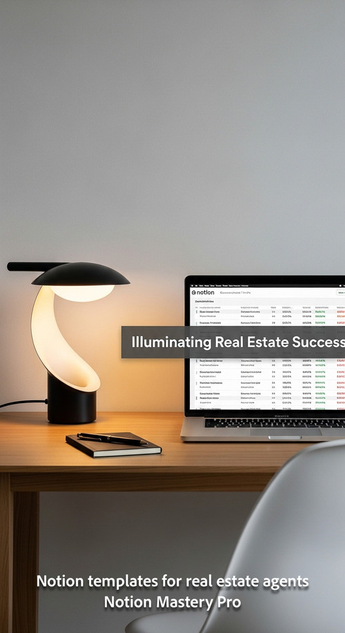 Minimalist desk with a designer lamp and a MacBook showing a Notion commission tracker Overlay Illum.jpg