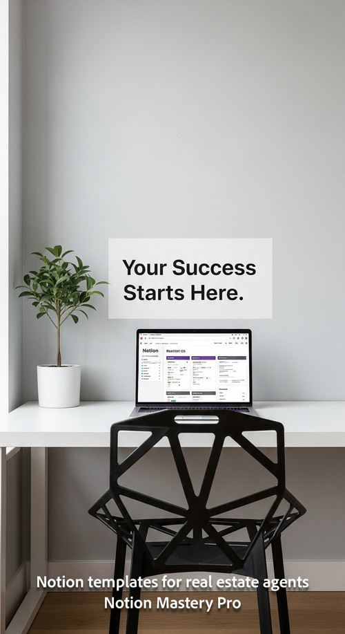 Minimalist desk with a designer chair and a laptop showing a Notion realtor OS Overlay Your Success .jpg