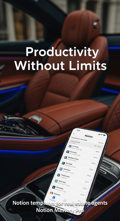 Blurred image of a luxury car interior with a smartphone showing a Notion schedule Overlay Productiv.jpg
