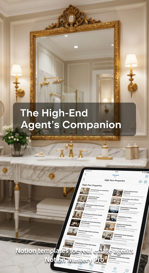 Blurred image of a luxury bathroom with gold fixtures foreground iPad showing a property list Overla.jpg