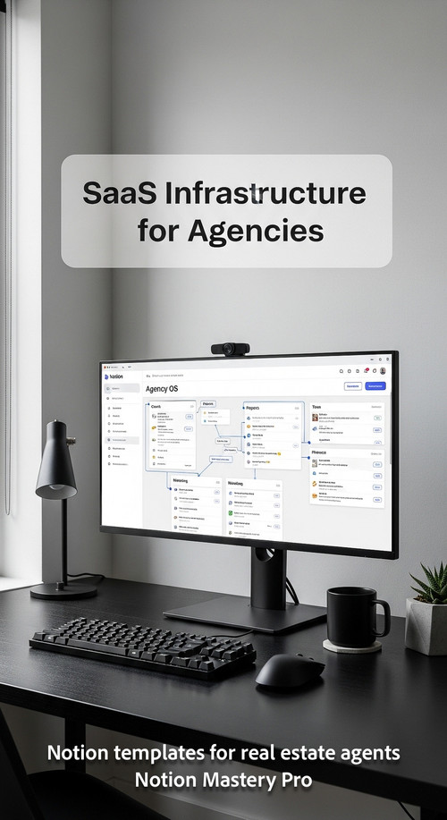 Minimalist workspace with a black desk and a large monitor showing a Notion agency OS Overlay SaaS I.jpg
