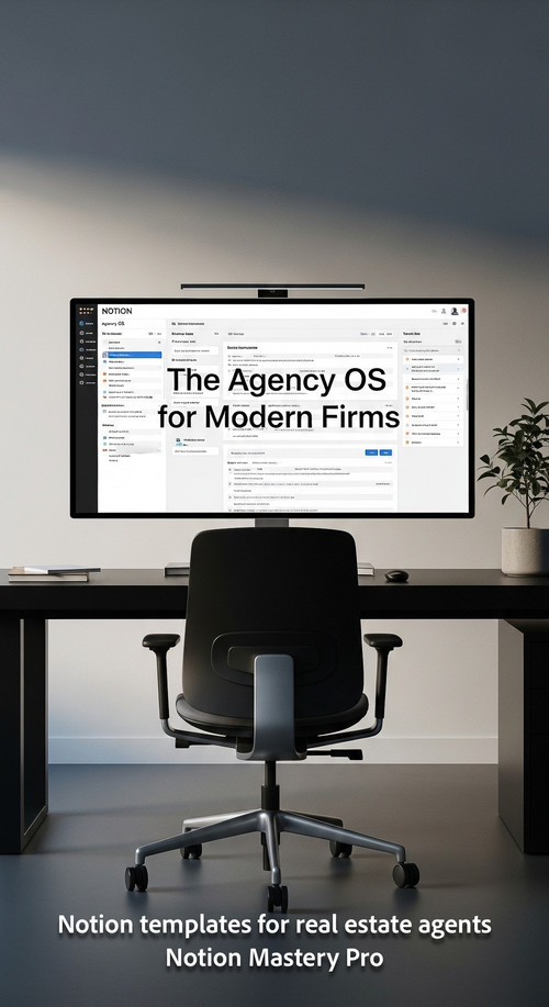 Minimalist workspace with a black desk and a large monitor showing a Notion agency OS Overlay The Ag.jpg