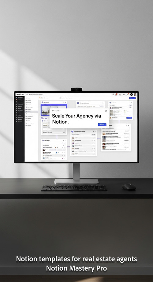 Minimalist workspace with a black desk and a large monitor showing a Notion agency OS Overlay Scale .jpg