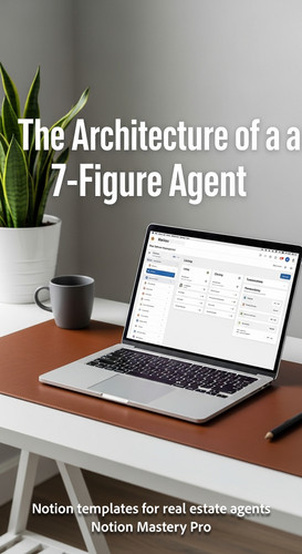 Minimalist white office desk with a leather desk mat and a MacBook Pro showing a Notion template for.jpg