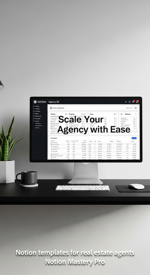 Minimalist workspace with a black desk and a large monitor showing a Notion agency OS Overlay Scale .jpg