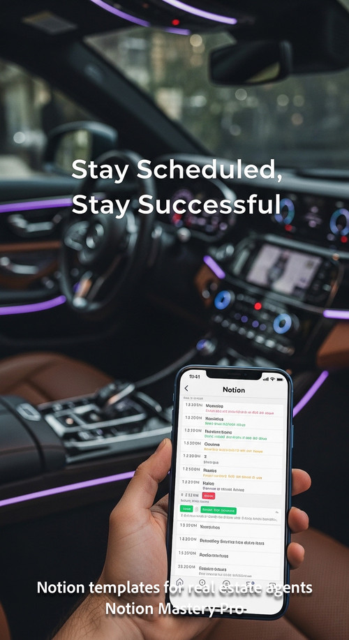 Blurred image of a luxury car interior with a smartphone showing a Notion schedule Overlay Stay Sche.jpg
