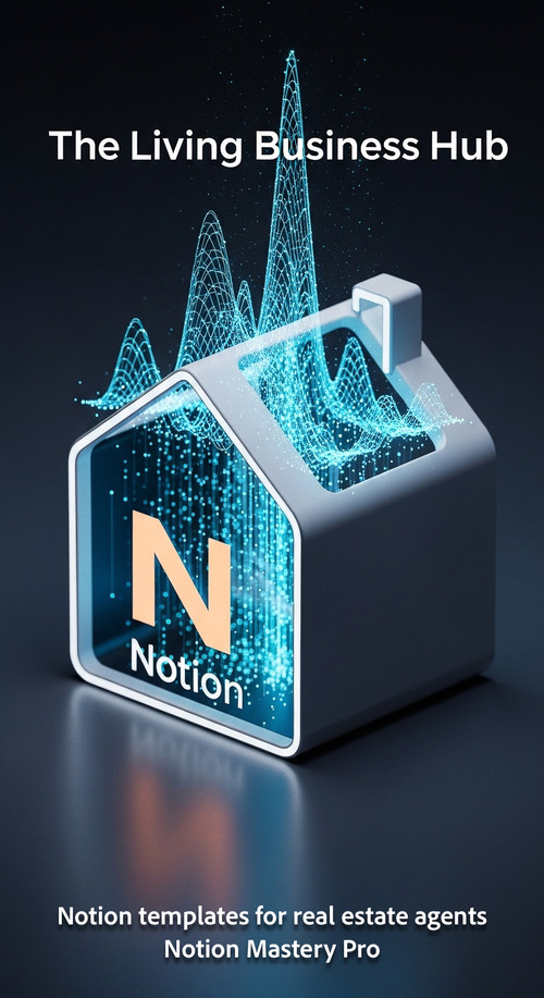 Abstract 3D visualization of a house icon with a digital pulse and a Notion logo Overlay The Living .jpg