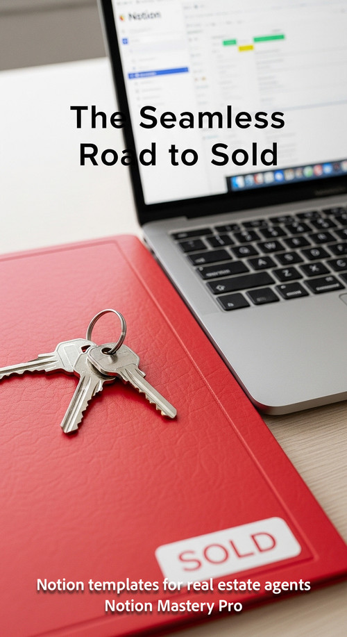 Close up of a set of keys on a Sold folder next to a laptop with Notion Overlay The Seamless Road to.jpg