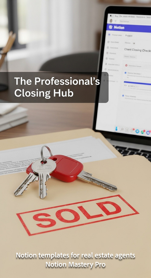 Close up of a set of keys on a Sold folder next to a laptop with Notion Overlay The Professionals Cl.jpg