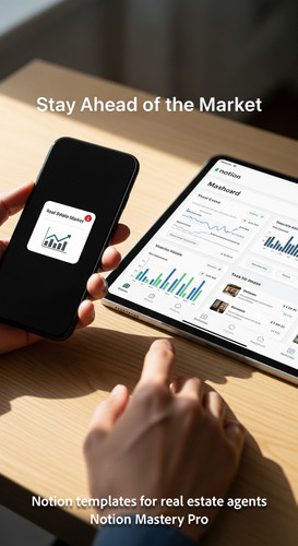Close up of a hand checking real estate market alerts on a smartphone next to an open tablet with a .jpg