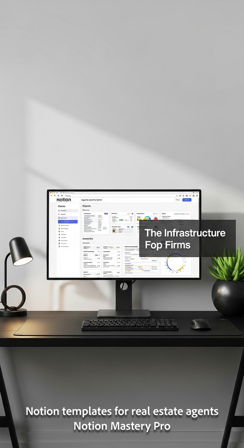 Minimalist workspace with a black desk and a large monitor showing a Notion agency OS Overlay The In.jpg