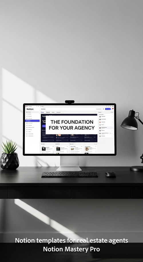 Minimalist workspace with a black desk and a large monitor showing a Notion agency OS Overlay The Fo.jpg