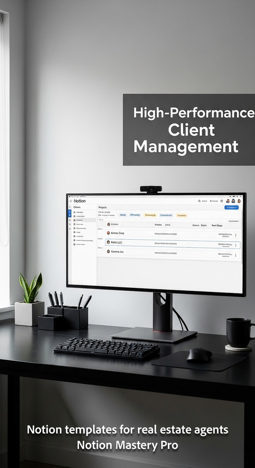 Minimalist workspace with a black desk and a large monitor showing a Notion client CRM Overlay HighP.jpg