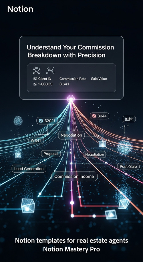 Abstract visualization of commission income connected to transaction stages and data nodes within a .jpg