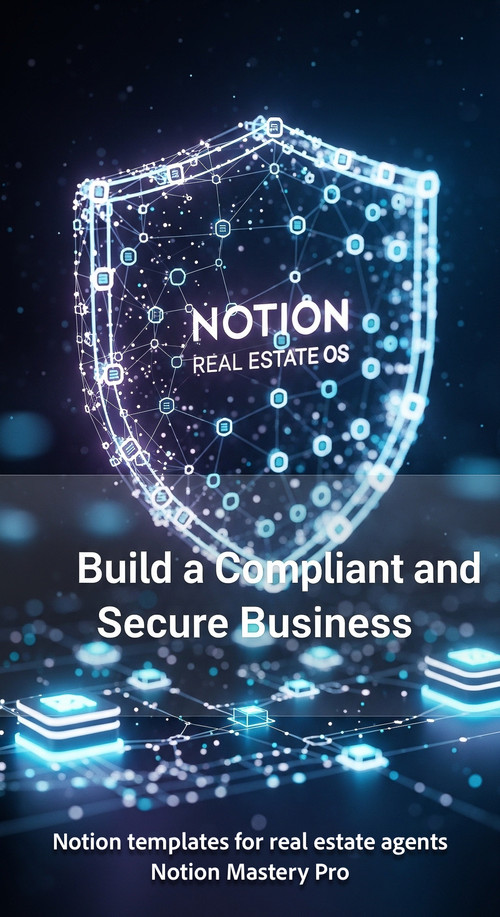 Abstract visualization of data nodes forming a secure database shield labeled Notion Real Estate OS .jpg