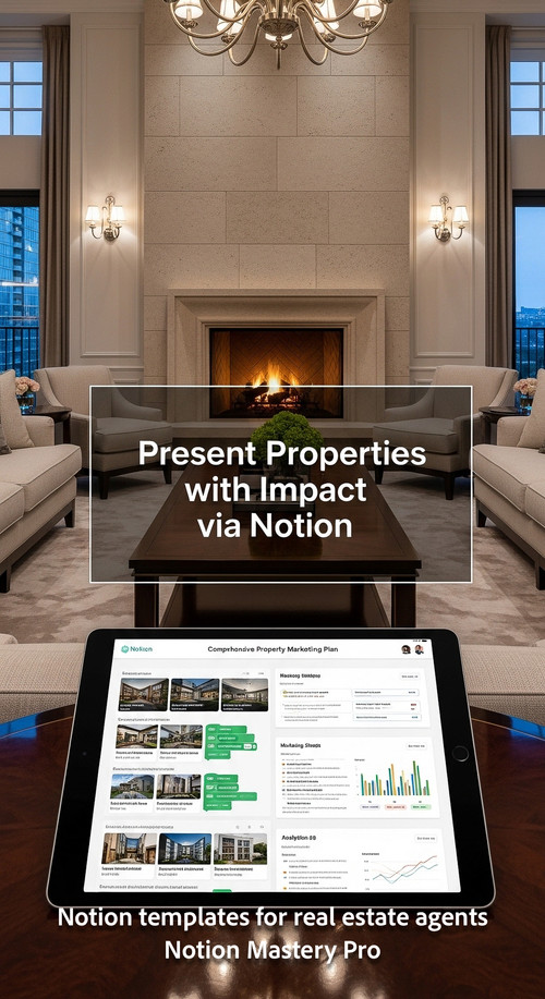 Luxury living room with a stone fireplace foreground tablet displaying a comprehensive Notion proper.jpg