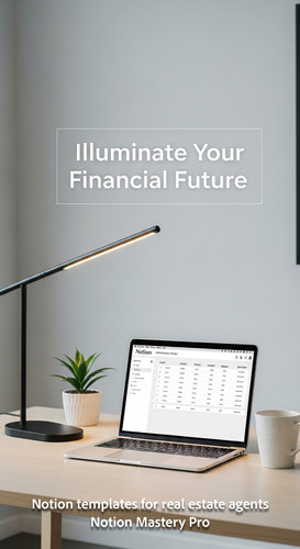 Minimalist desk with a designer lamp and a MacBook showing a Notion commission tracker Overlay Illum.jpg