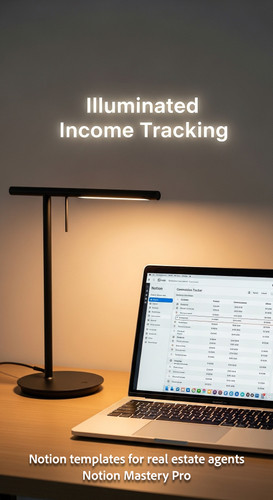 Minimalist desk with a designer lamp and a MacBook showing a Notion commission tracker Overlay Illum.jpg