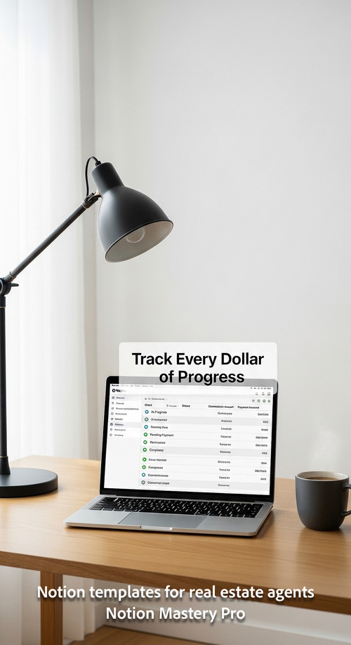 Minimalist desk with a designer lamp and a MacBook showing a Notion commission tracker Overlay Track.jpg