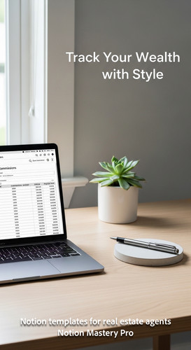Minimalist desk with a designer pen and a MacBook showing a Notion commission tracker Overlay Track .jpg